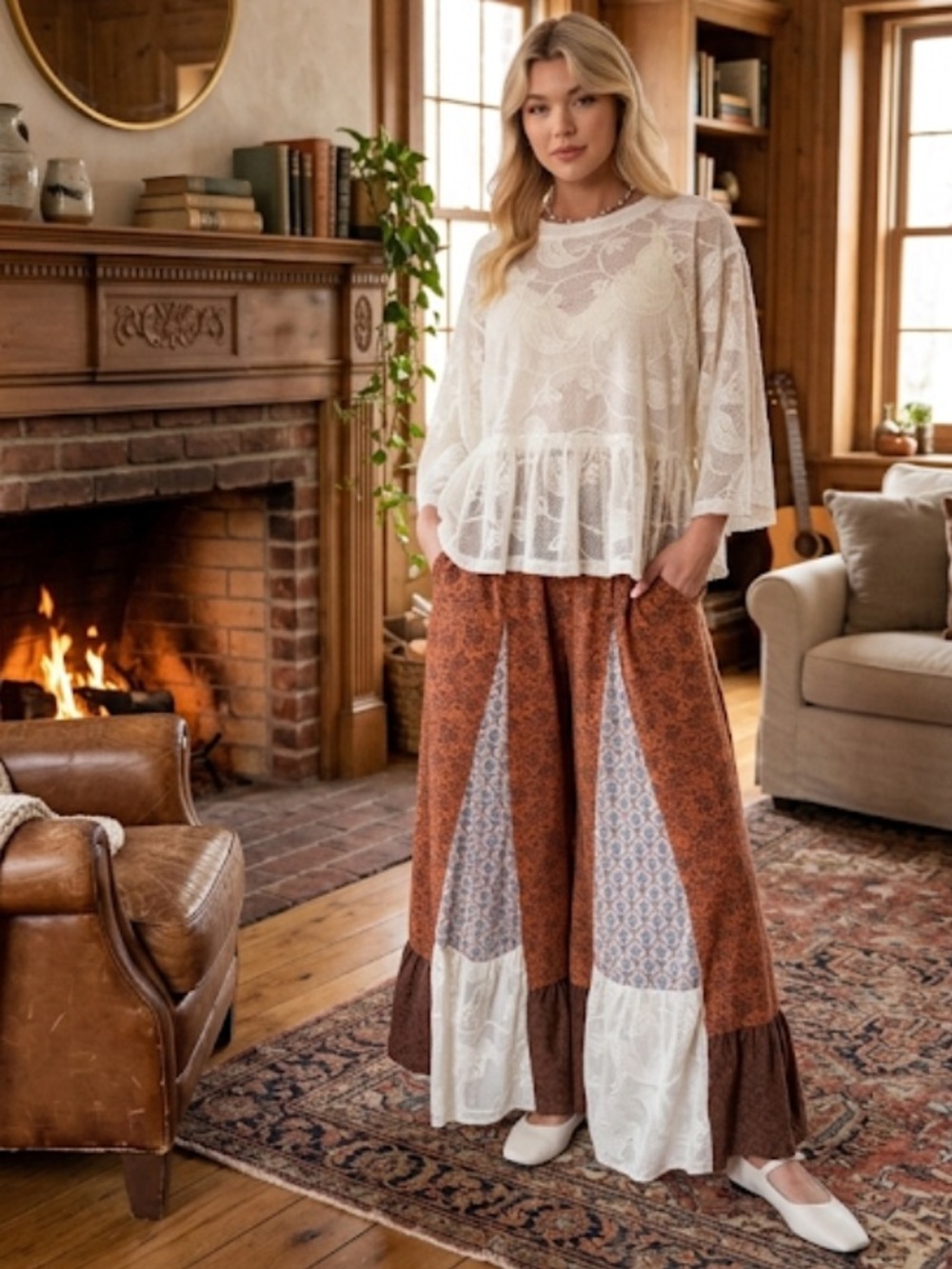 119 PRINT MIX RUFFLE BOTTOM WASHED
PALAZZO PANTS